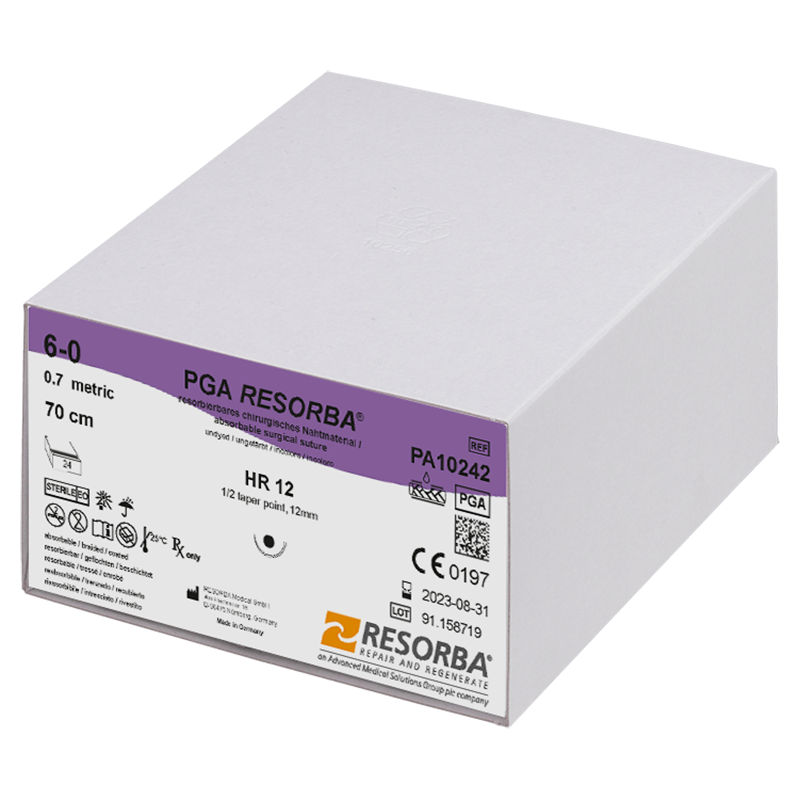 ПГА Ресорба USP6-0 незабарвлений, довжина 70см, колюча голка 12мм, 1/2 кола